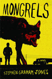 an illustration with a red-tinged silhouette of a wolf in the foreground and a standing person in front of power lines and a car against a yellow background