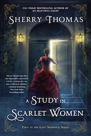 A Study in Scarlet Women book cover: a woman in red victorian dress from behind running up stairs to front door