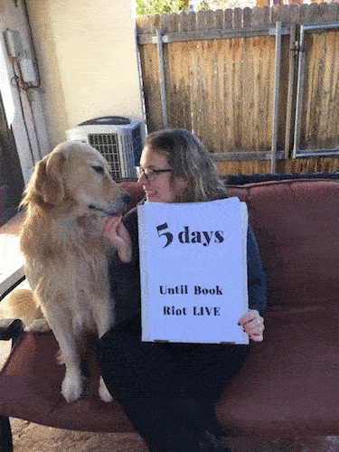 animated gif of Rioter Rachel Manwill and her puppies next to a sign saying 5 Days Until Book Riot Live