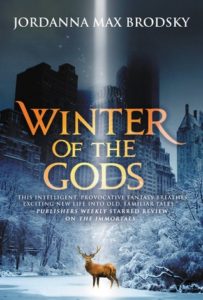 Winter of the Gods cover image: Snowy New York scene with deer buck standing under beam of light