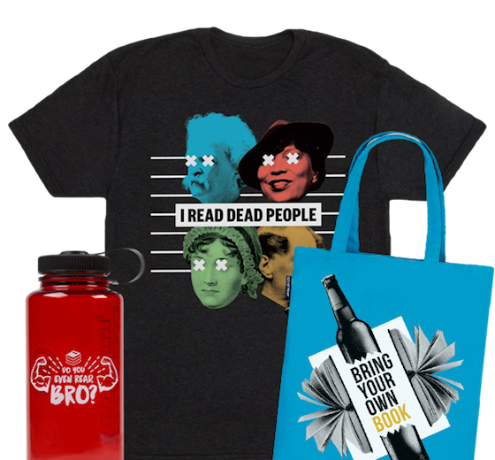 image of a Book Riot waterbottle in red, the I Read Dead People t-shirt, and the Bring Your Own Book tote bag