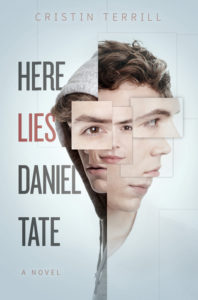 Here Lies Daniel Tate book cover: image of teen boy with multipile zoomed in boxes of his features.