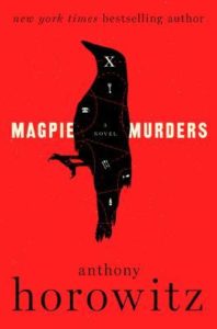 Magpie Murders book cover: black bird with red background.