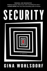 Security book cover: black background with white frames inside each other giving illusion of hallway leading to red door