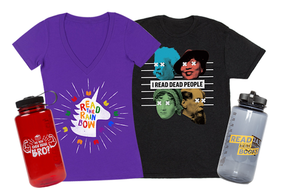 collage of t-shirts and water bottles