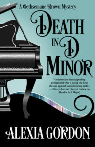 Death in D Minor cover image: blue & black background with half a grand piano