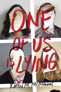 One of Us is Lying cover image: four squares each with a teen yearbook image but their faces are replaced with notebook paper