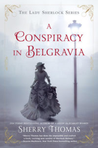 A Conspiracy in Belgravia cover image: a woman in a late 1800's ruffled dress running away in a foggy street
