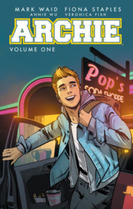 Archie reboot comic cover: Cute Archie smiling getting out of car in front of diner