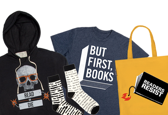collage of items from the Book Riot store including a Read Or Die hoodie, a But First Books tshirt, some socks, and a tote