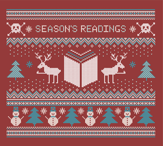 ugly sweater design that says Season's Readings and includes knitted-looking skulls, reindeer, a book, and snowmen