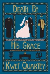 Death by his Grace cover image: blue background with graphic design images of priest clothes, bridle clothes, kaftan 