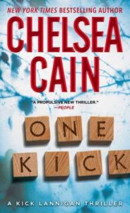 One Kick cover image: blue and white splatter graphics with title spelled out in Scrabble game tiles