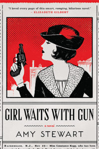 cover image: black and white ink drawing of white woman profile holding up a gun with red painted background