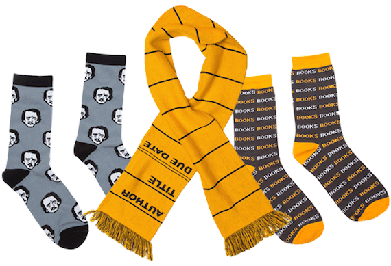 Book Riot Insiders deal collage featuring Poe socks, a library scarf, and socks that say BOOKS all over them
