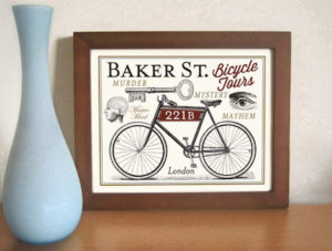 Baker St print: bicycle with 221B on it and a key and lettering 