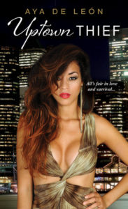 cover image: black woman with long hair in wrap dress with sides cutout in front of city buildings at night
