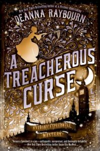 A Treacherous Curse cover image: a doodled image in browns and blacks of Victorian London with an outline of a woman with a butterfly net