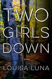 Two Girls Down cover image: a forest of trees in blue, yellow and orange hues 