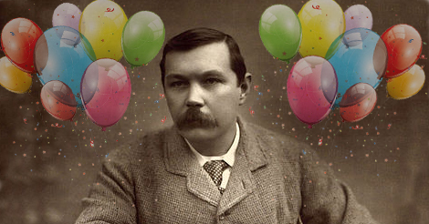 black and white image of Conan Arthur Doyl, white man with mustache, with colorful balloons photoshoped in the background