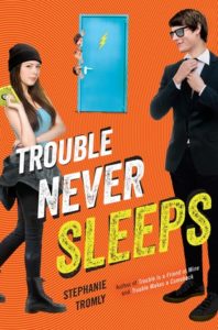 cover image: an orange background with a teen girl holding a computer drive a teen boy in a suit watching her and three teens poking their heads out of a door
