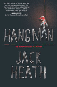 hangman cover image: black background with text as scratchy white ines and a doodled man hanging from rope