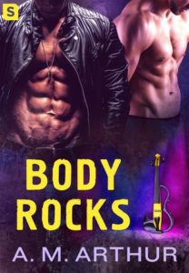 Cover of Body Rocks by AM Arthur with two very muscular torsos, one of which is wearing a leather jacket