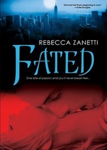 cover of Rebecca Zanetti's Fated, with a cityscape and a man about to bite a woman's neck