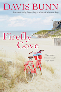 a pink bicycle with panniers, parked in a sand dune, facing a beach cove with a house in the distance