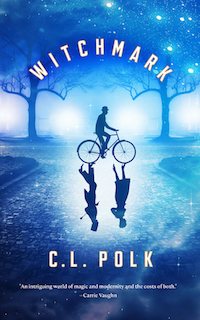 the cover of Witchmark: a blue-toned city street with trees and a cobblestone road, with a silhoutte of a man wearing a bowler on a bicycle. a woman and another man are reflected on the street in the shadow of the bike.