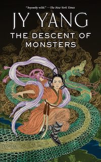 an illustration of a young Asian woman with braided hair posing on top of a snake-like dragon