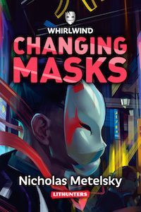 an illustration of a person in a white and red full face mask, set against a city backdrop
