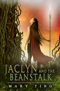 a young girl with long hair, wearing a tattered red cape and carrying a spear, stares up at a giant beanstalk.