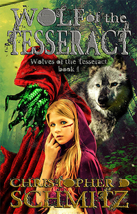 a young girl with blonde hair and a bleeding cut across her cheekbone is wearing a red cloak. behind her poses a wolf and a green, tentacle-faced monster, also in a red cloak. 