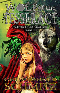 a young girl with blonde hair and a bleeding cut across her cheekbone is wearing a red cloak. behind her poses a wolf and a green, tentacle-faced monster, also in a red cloak.