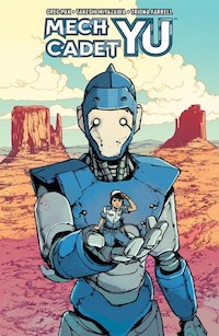 the cover of Mech Cadet Yu, showingan illustration of a gigantic robot standing in the desert, holding a young boy in the palm of his hand