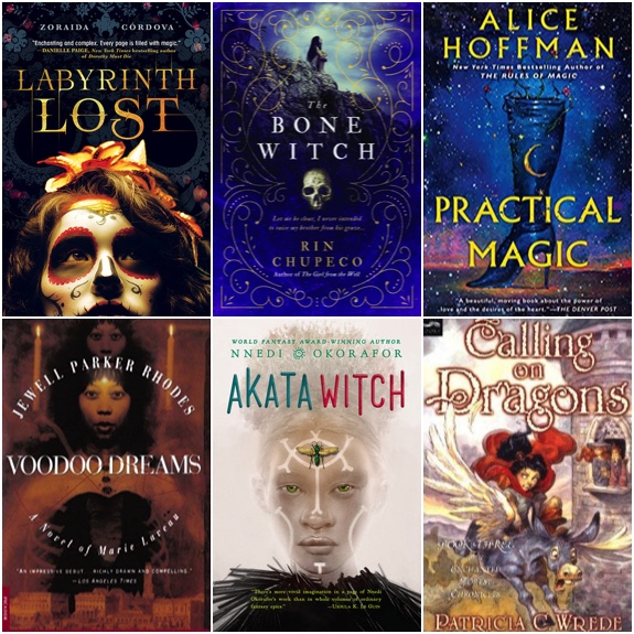 a 3x3 collage of the covers of Labyrinth Lost, Bone Witch, Practical Magic, Voodoo Dreams, Akata Witch, and Calling on Dragons
