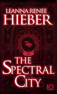 a black cover with red glowing occultic designs and the outline of an eye in the center