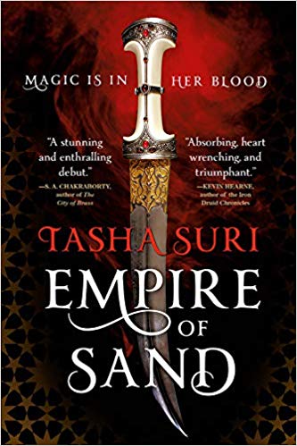 Empire of sand cover, featuring a curved dagger with a white hilt and jeweled base, set against a red-tinged backdrop