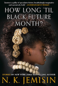 a photo of a young black woman with natural hair pulled up into a fauxhawk, accessorized with beautiful flowers and objects and a large white beaded necklace, shown in profile