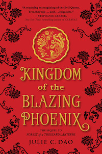 a red background with black flowers all around the border. there's an ornate gold seal in the upper center of the cover featuring flowers and a phoenix. 