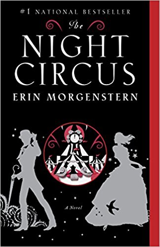cover of The Night Circus by Erin Morgenstern; illustration of a black and white circus tent, with two silver silhouettes of people 