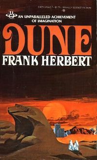 cover of Dune by Frank Herbert; illustration of a desert wasteland and a setting orange sun