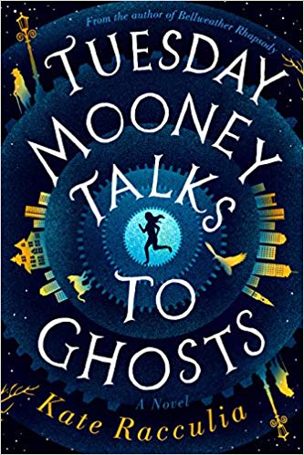 cover image for Tuesday Mooney Talks to Ghosts; illustration of a woman running in a spiral around the outline of a city