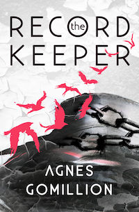 the cover of The Record Keeper: a broken chain lies against a gray landscape, while red silhouettes of birds fly through the air