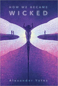 a purple cover with a giant moth in the middle whose wings also double as mirror images of people standing on rock ledges