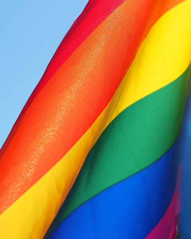 a close up of a rainbow flag waving in a breeze