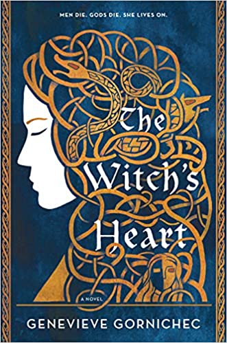 cover of The Witch’s Heart by Genevieve Gornichec, illustration of a woman with her hair made out of gold Celtic designs