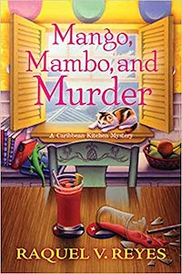 Mango Mambo and Murder cover image, featuring an illustration of a table in a sunny room with two fancy red drinks, one of which has fallen over and smashed, and a kitten sitting on a desk behind it
