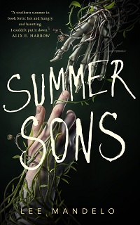 Cover of Summer Sons by Lee Mandelo, featuring a human hand underwater wrapped in weeds reaching for a skeleton hand wrapped in weeds